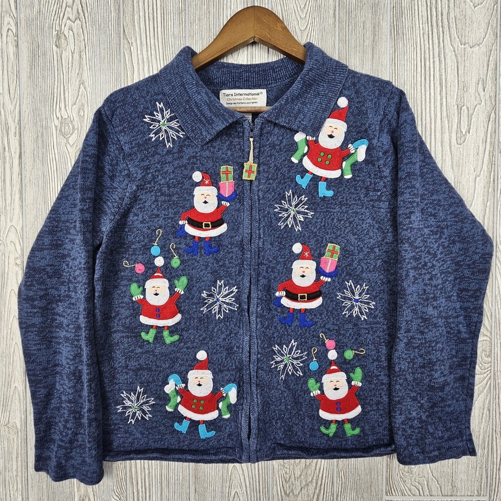 Vintage‎ Tiara International Christmas Collection Santa Zip Cardigan XL Blue